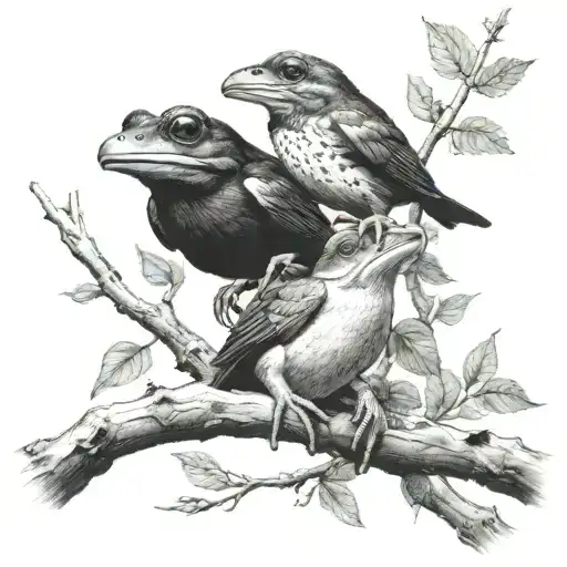 Frog And Raven Sitting On Tree Branch Together
