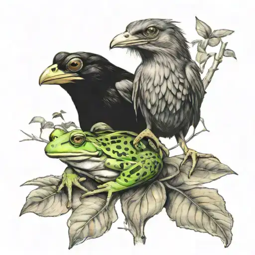 Frog Sitting Next To Raven Sitting On Tree Branch Together