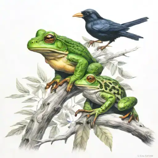 Frog Sitting Next To Raven Sitting On Tree Branch Together