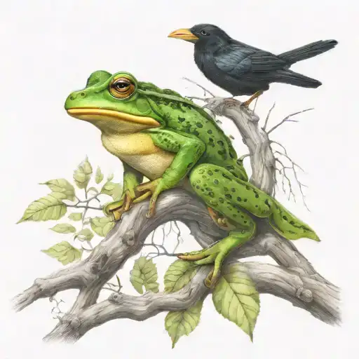 Frog Sitting Next To Raven Sitting On Tree Branch Together