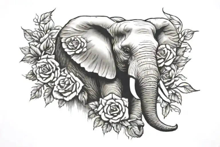 Elephant And Roses Surrounded