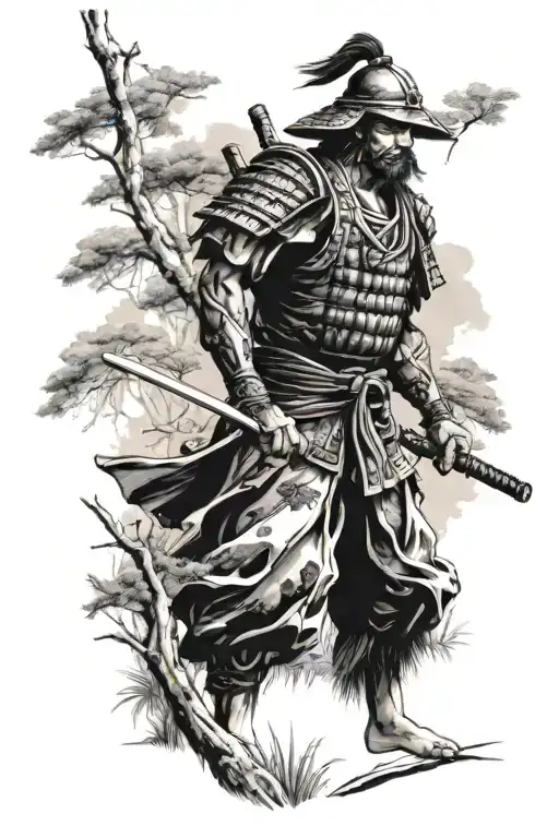 Samurai Standing In Forest Landscape