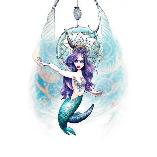 Mermaid With Horns On A Crescent Moon Dream Catcher