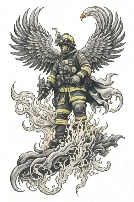 Bed Of Flames With A Firefighter In Flames Saving Life With A Phoenix In The Background