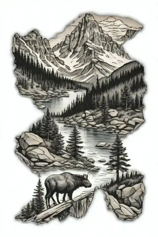 Colorado Mountains With Trees And A River And A Wild Animal