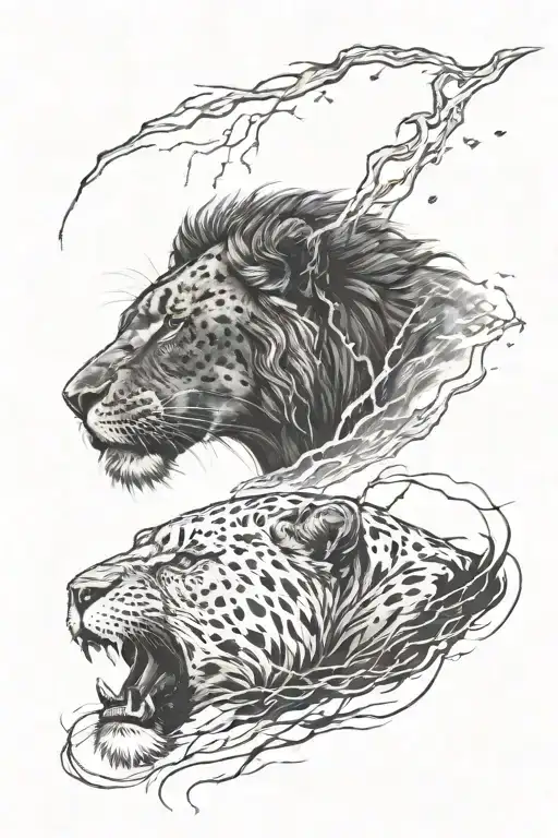 The Head Of A Lion And A Black Panther In A Storm With Lightning And With A Scar On The Left Eye