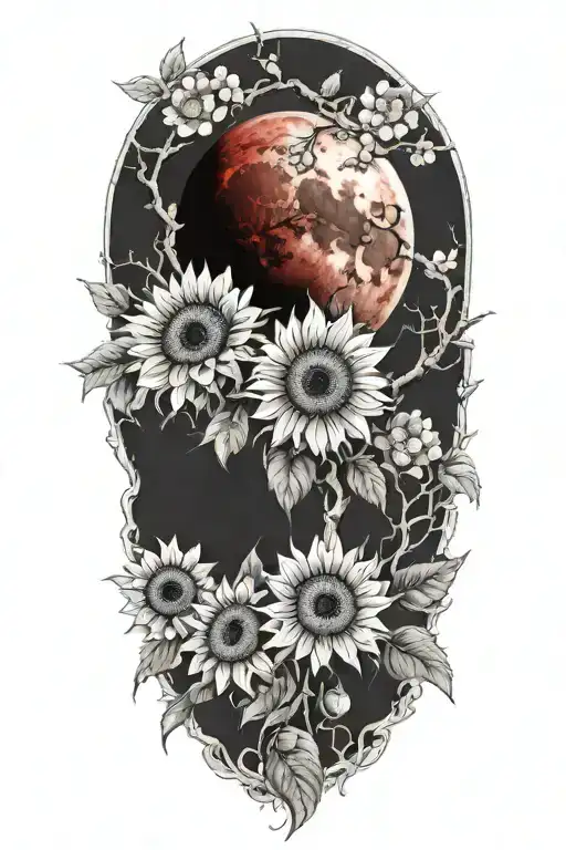 An Intricate Tattoo Featuring A Red Moon Surrounded By Cherry Blossoms And Sunflowers