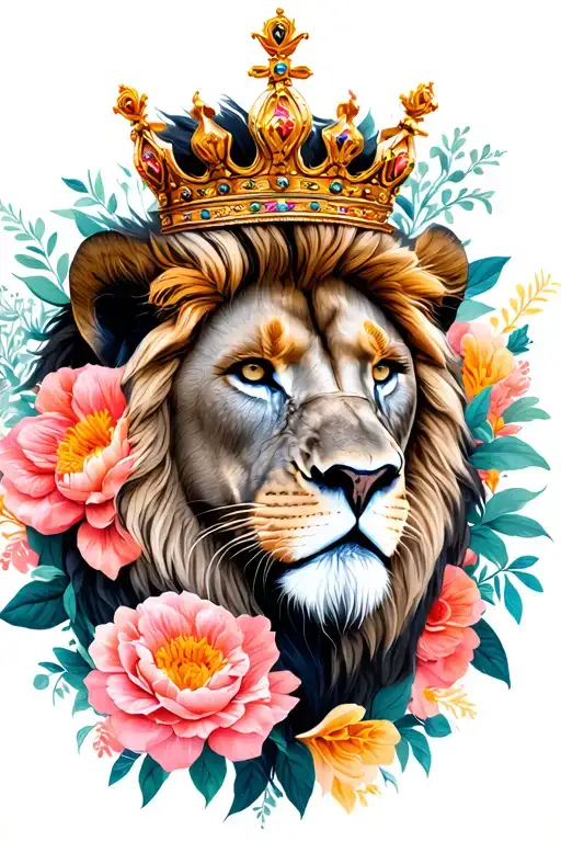 Lion With A Crown Surrounded By Bold Flowers