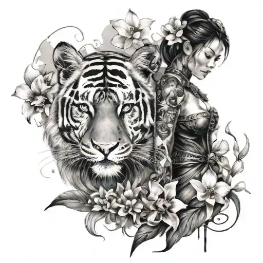 A Female Warrior With A Tiger Companion Surrounded By Orchids And Lotus Flowers