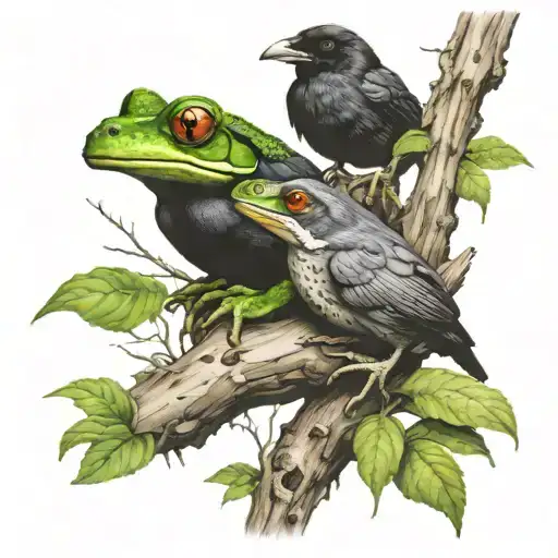 Frog Sitting Next To Raven Sitting On Tree Branch Together
