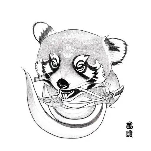 Red Panda Dressed As A Samurai Riding A Snake