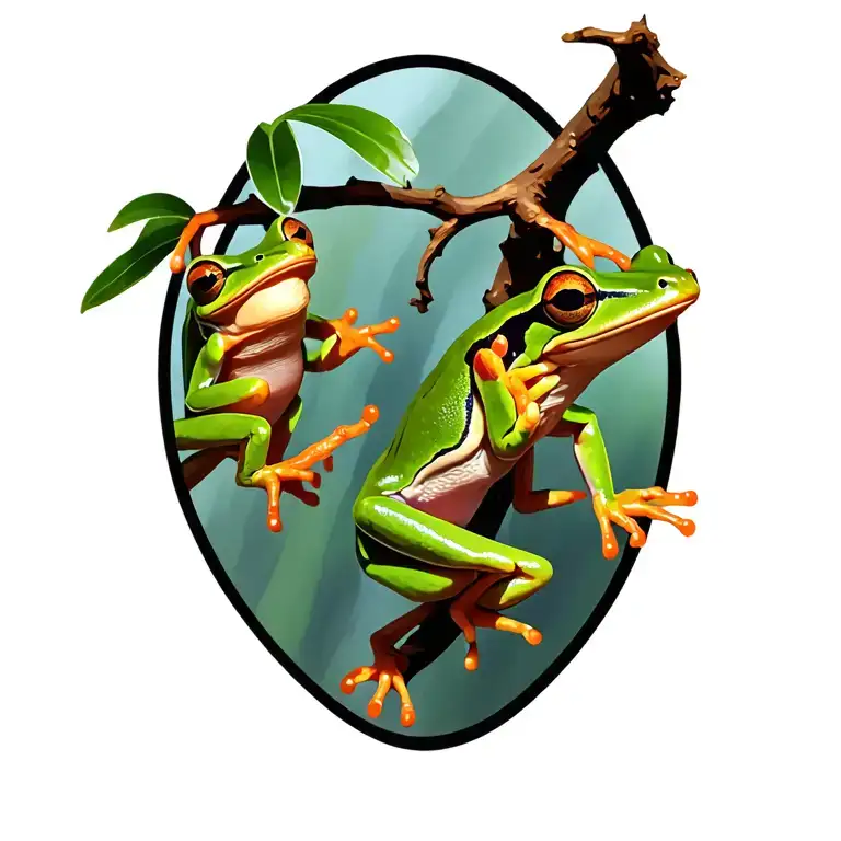 Three Tree Frogs Hanging On A Branch