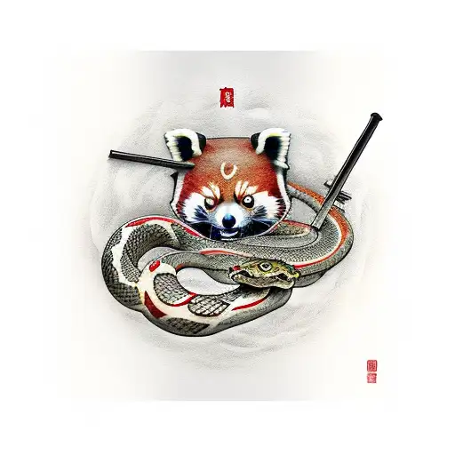 Red Panda Dressed As A Samurai And Riding A Snake