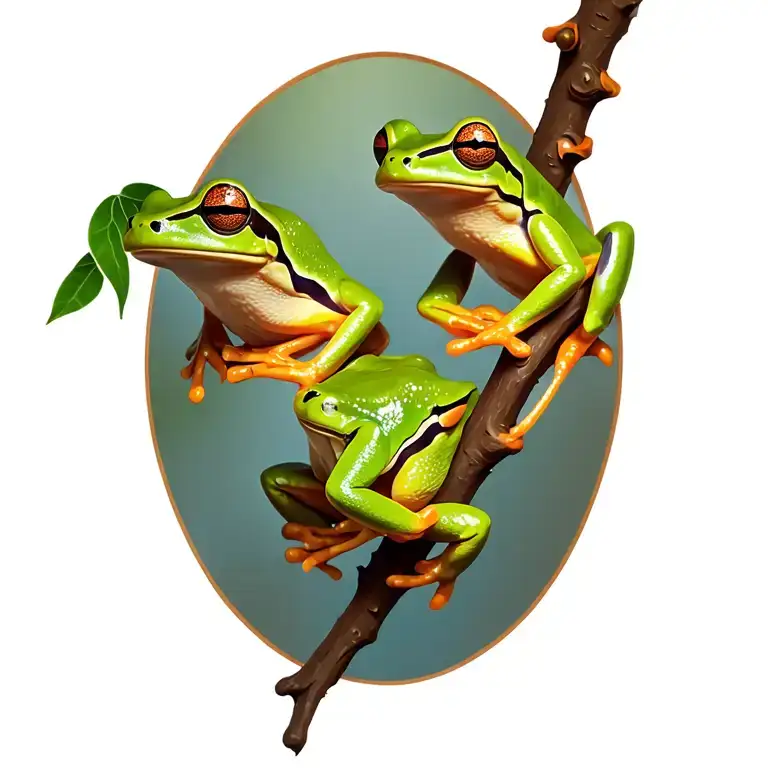 Three Tree Frogs Hanging On A Branch