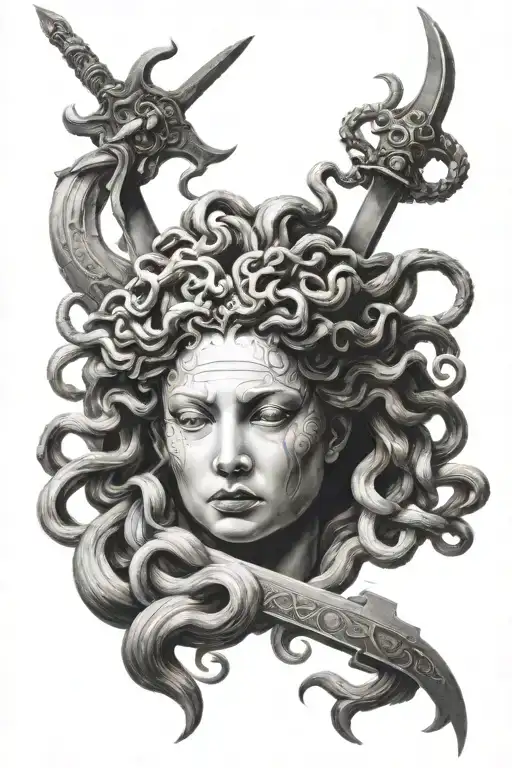 Medusa With Sword Black And White
