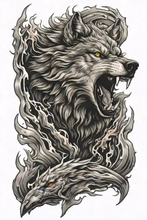 Growling Wolf Emerging From Flames Left Forearm