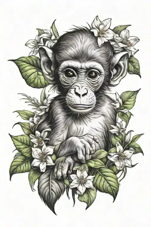 Baby Rhesus Macaque Surrounded By Greenery And Flowers