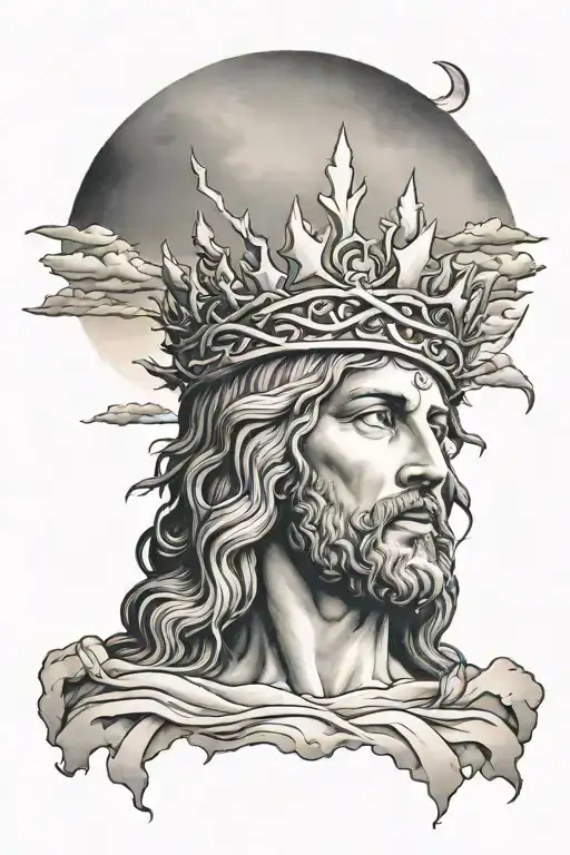 Jesus With Thorn Crown With Sunset Behind And Cloud Above Going To The Creation Of Adam