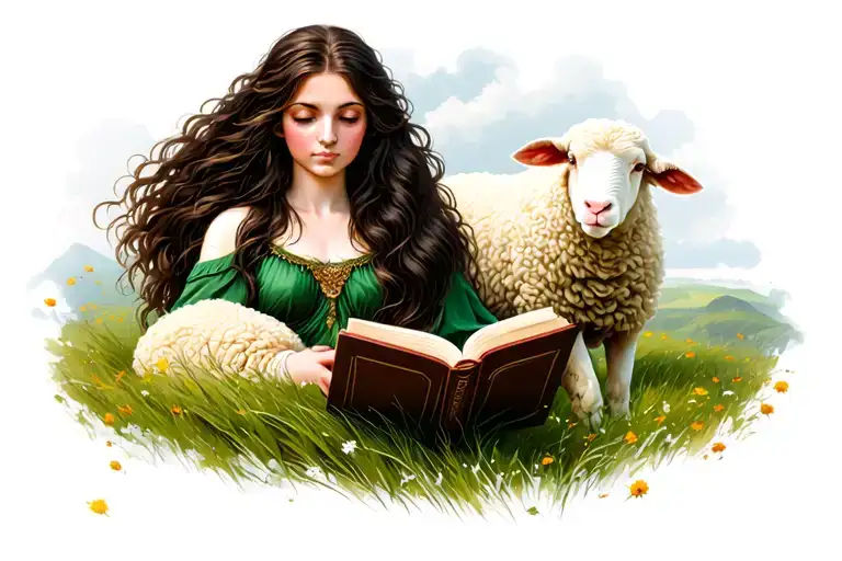 Long Hair Brunette Goddess Reading A Book In The Grass Of Ireland With Sheep