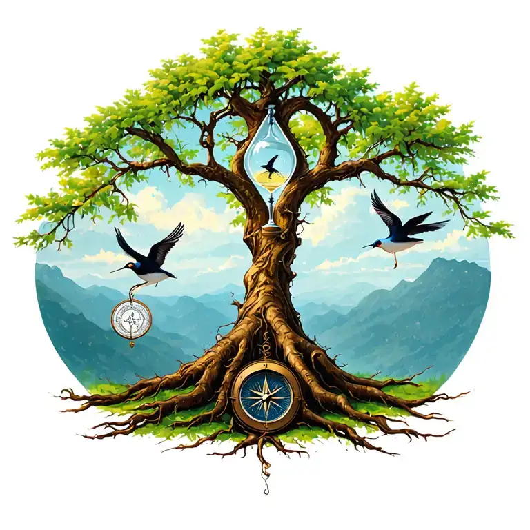 Rooted Tree With Hour Glass And Swallows And A Compass
