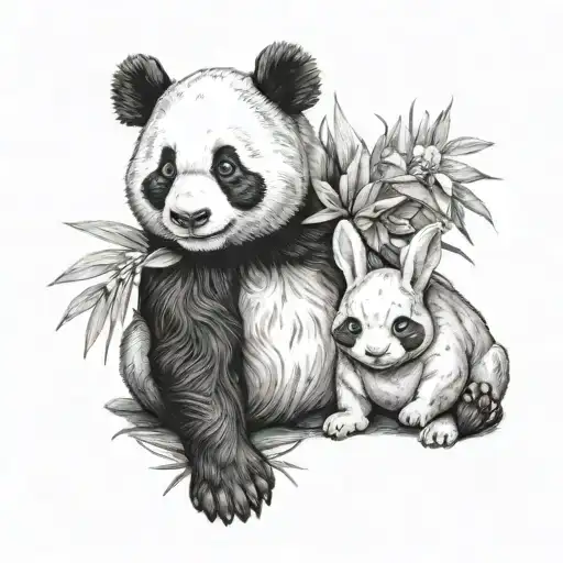 Panda And Rabbit Sitting