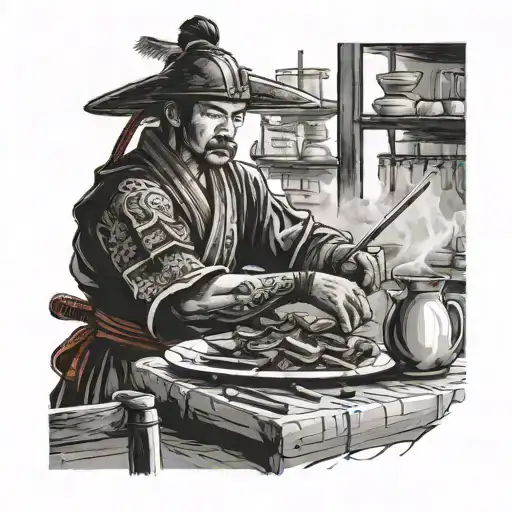 Samurai Warrior Serving A Meal In A Modern Restaurant Setting