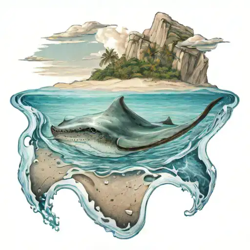 A Serene Beach Scene With A Stingray Gliding Through The Water