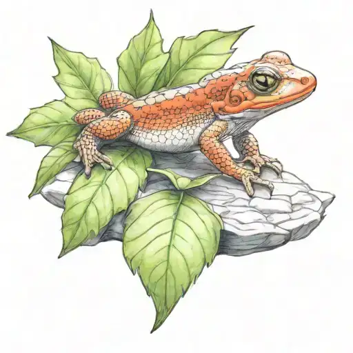 Lifelike Cute Red Eft On Top Of A Flat Greyrock Partially Covering The Eft With A Green Leaf