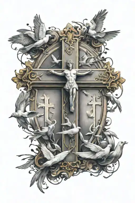 Big Cross Surrounded By Doves Flying With Silhouette Of A Guy Looking Up