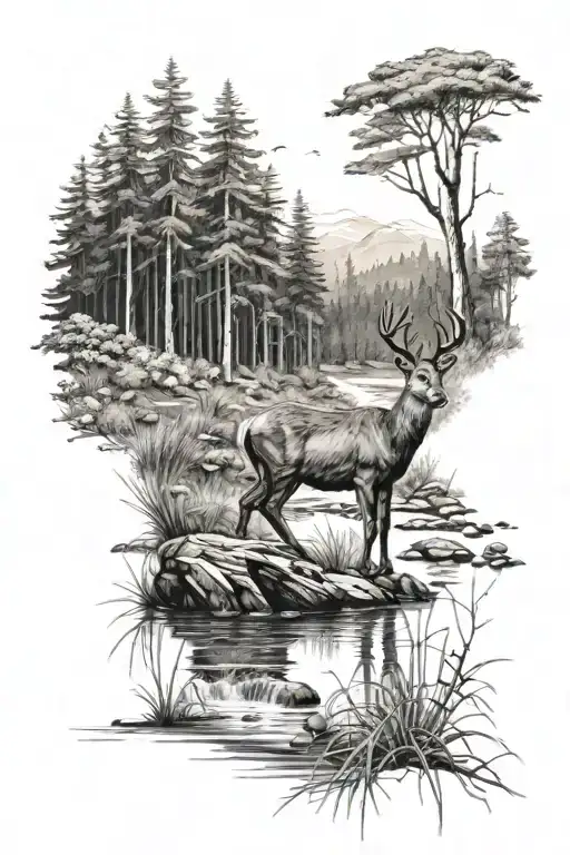 Forest In The Background And Stream And Roe Deer