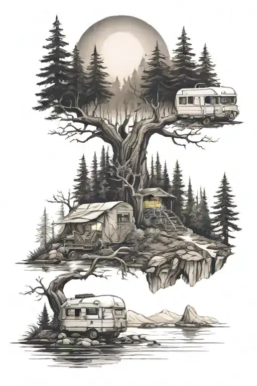 Forest In The Background And Stream And Caravan Traveling Through A Mystical