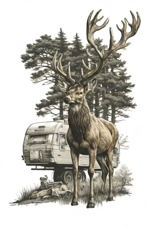 A Majestic Forest Deer Standing Proudly In Front Of A Vintage Caravan