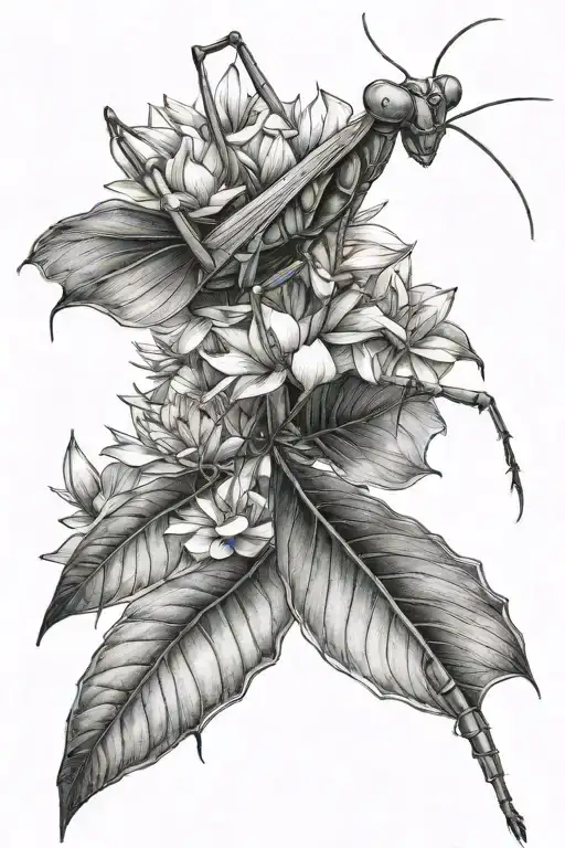 Praying Mantis And Lotus Flower Large Black Leaves