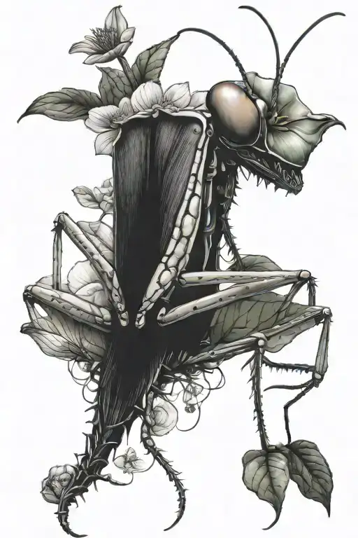 Praying Mantis Head And Lotus Flower Large Black Leaves