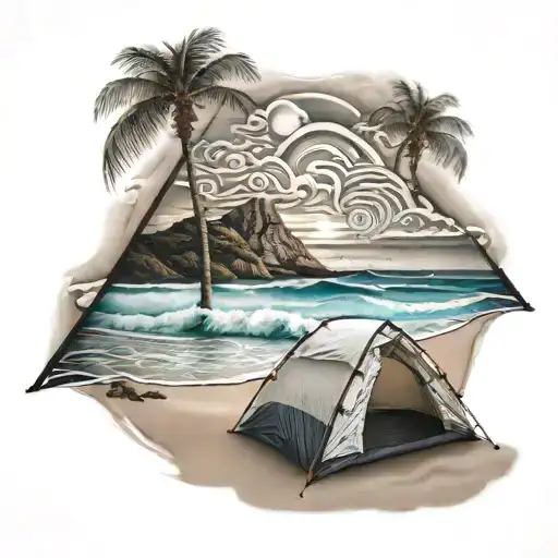 A Tent Pitched On A Serene Beach With A Wave Crashing In The Background