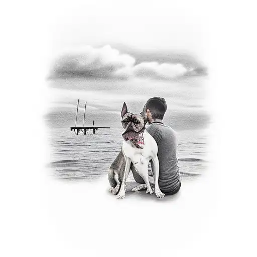 Men And Small Dog Sitting On Pier Looking On Sunset