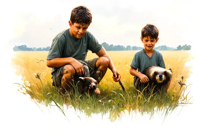 2 Boys And Their Dad Ferreting In A Field