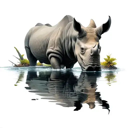 Rhino With Reflection In Water