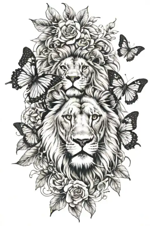 Flowers With Butterflies With A Lion Head