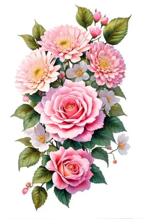 Realistic Cherry Blossom With Chrysanthemums And Rose