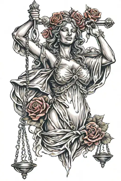 Lady Justice In A Hood With Rose Intertwined Within