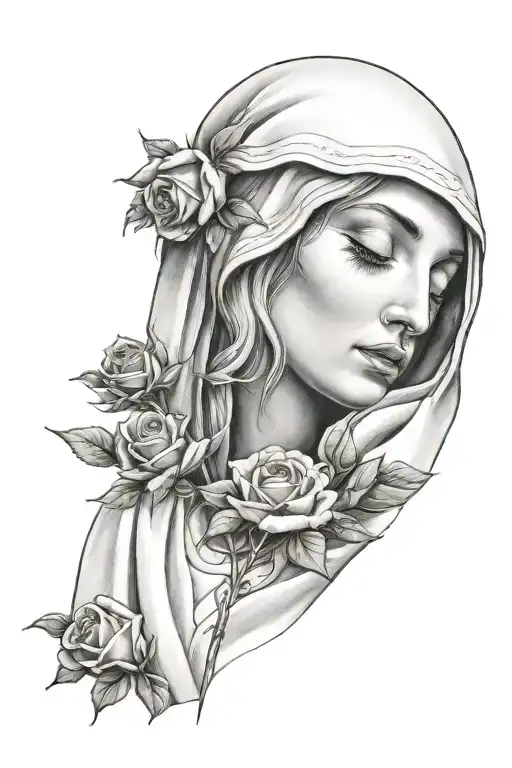 Mother Mary With Hood Covering Eyes Intertwined With Roses