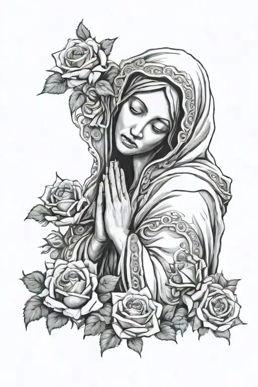 Mother Mary With Hood Covering Eyes Hands Folded In Prayer Intertwined With Roses