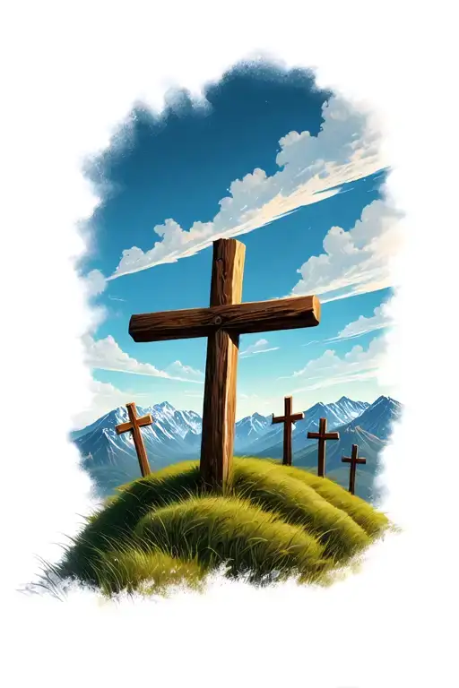 Rolling Grassy Hills With 3 Wooden Crosses Far Away In Background With Mountain Range Behind It
