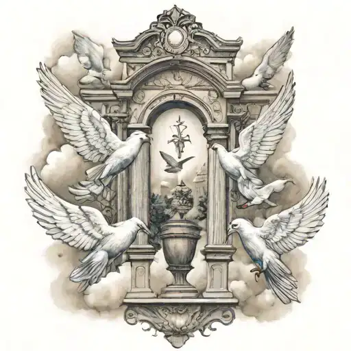 Heaven Gates Doves Flying Away Angels On Top Looking Down At The Doves