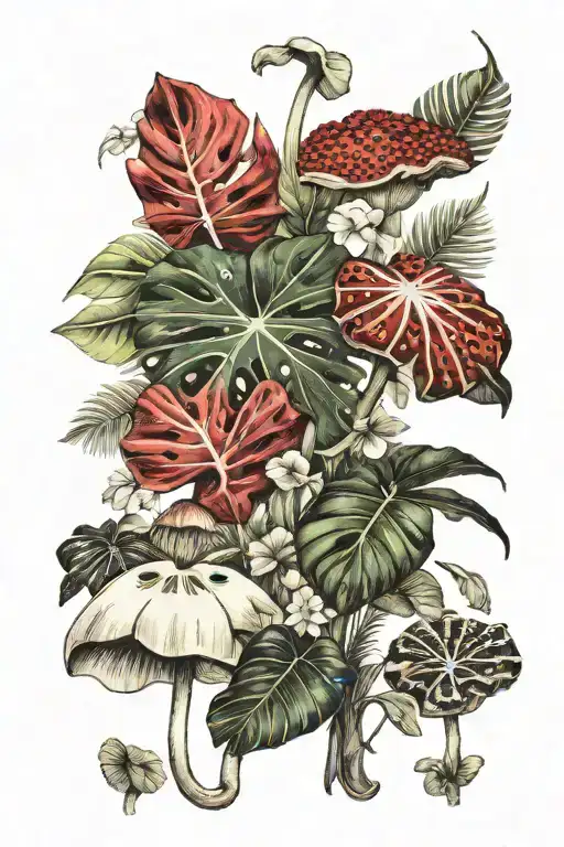 Monstera Leaves Mushrooms Flowers