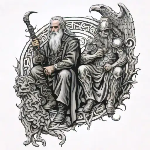 Odin And Death Sitting In The Center Two Intertwined Figures
