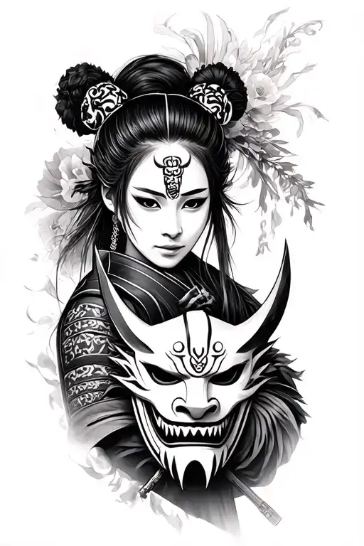 Lady Samurai Holding Oni Mask In Black And Grey