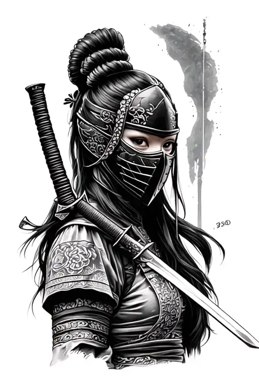 Lady Samurai With Katana In Mask Black And White Tattoo Sketch Simple