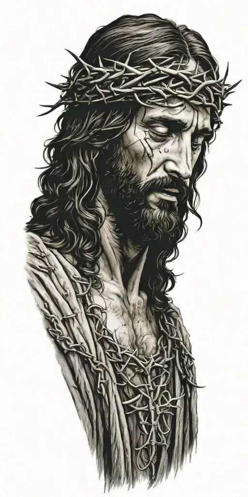 Realistic Jesus Christ Portrait In Pain Wearing A Crown Of Thorns